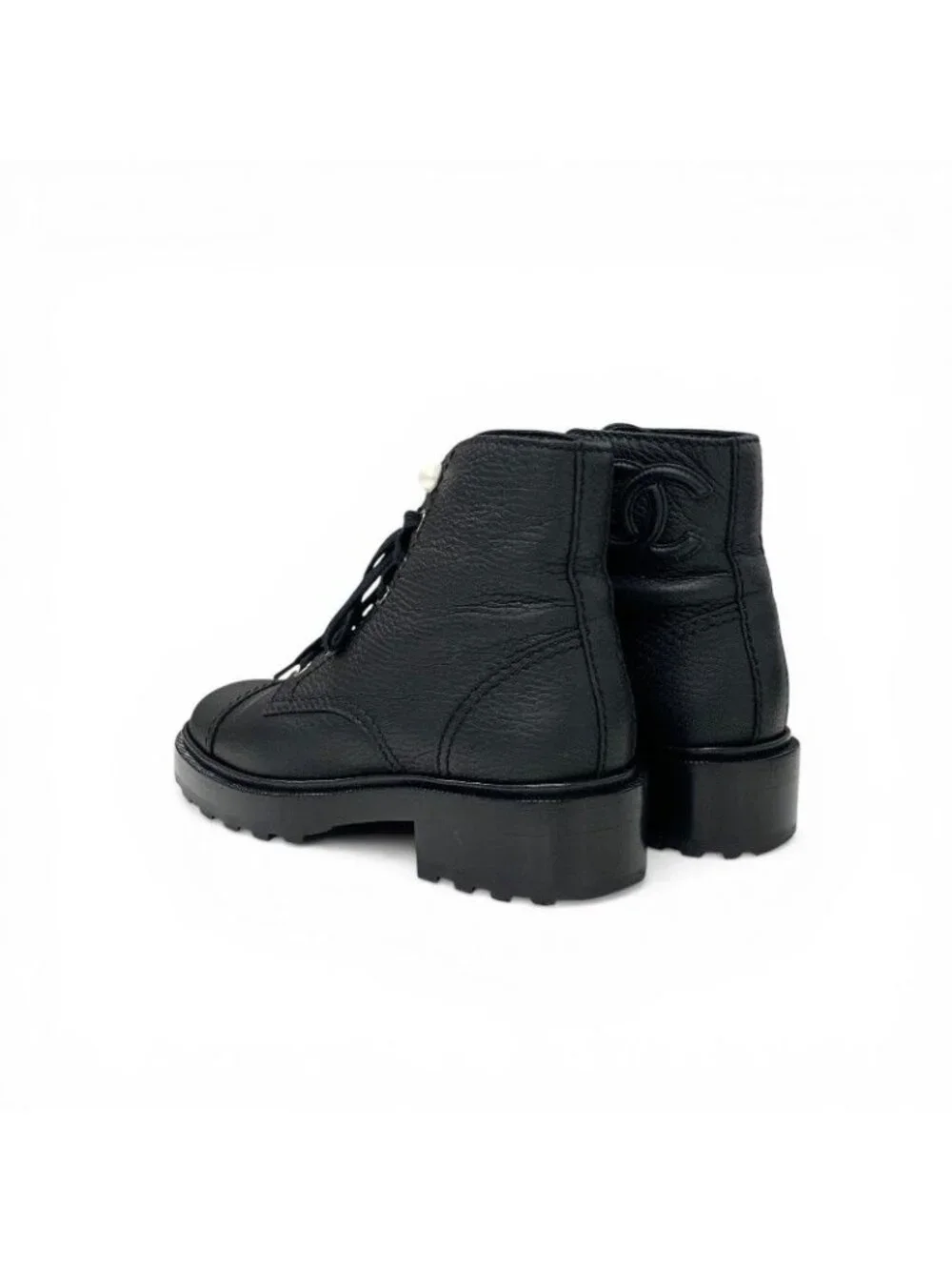 Chanel Boots Short Shoes Leather Black CC Logo Pearl Lace